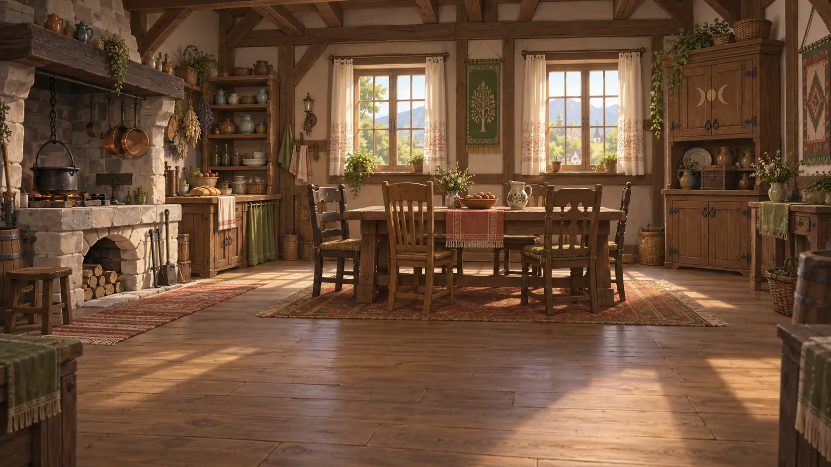El comedor de los Varel, de madera y lleno de detalles.