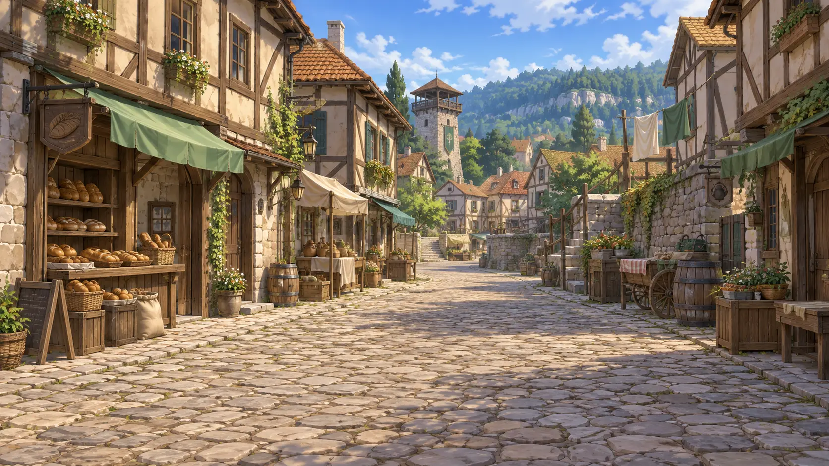 La calle principal de Elden a pleno sol, con puestos de pan y toldos verdes.