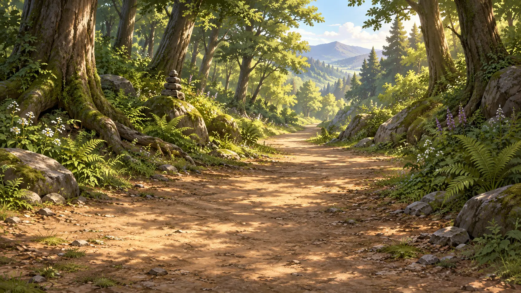 Un sendero de tierra entre árboles altos, en pleno día.