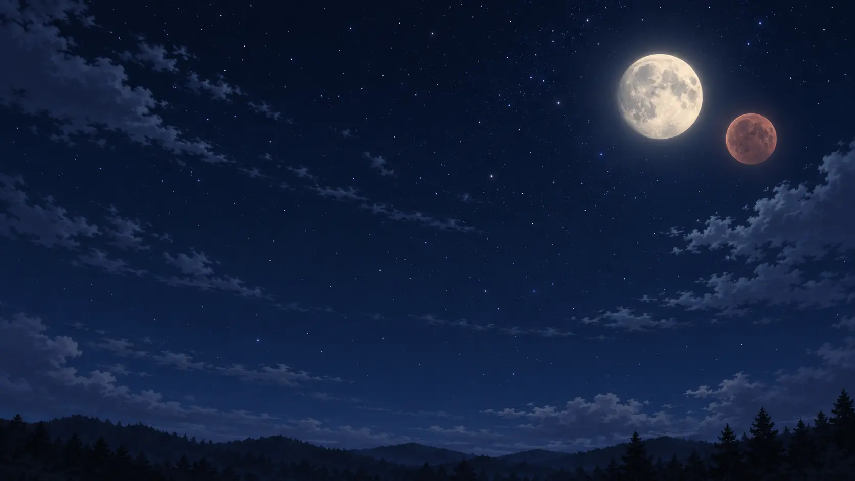 Un cielo nocturno estrellado con dos lunas: una grande y pálida, otra pequeña y rojiza.